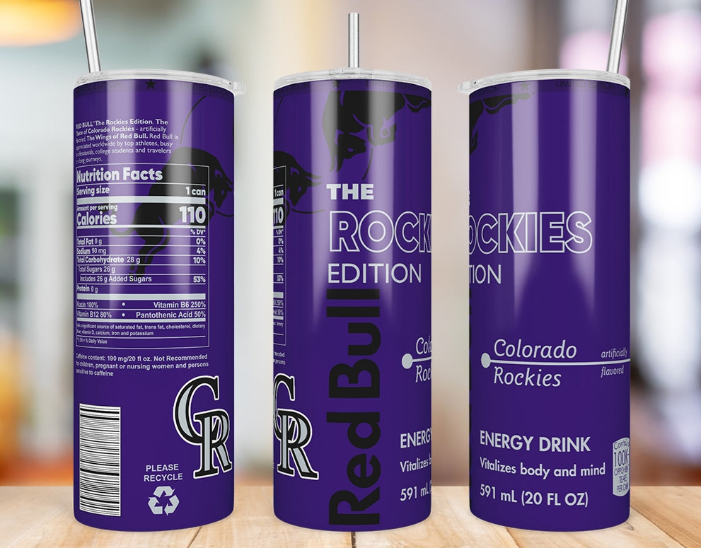 Colorado Rockies 20 oz skinny tumbler three-angle product mockup