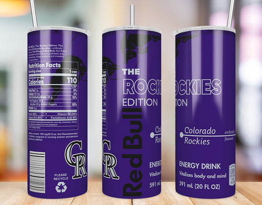 Colorado Rockies 20 oz skinny tumbler three-angle product mockup