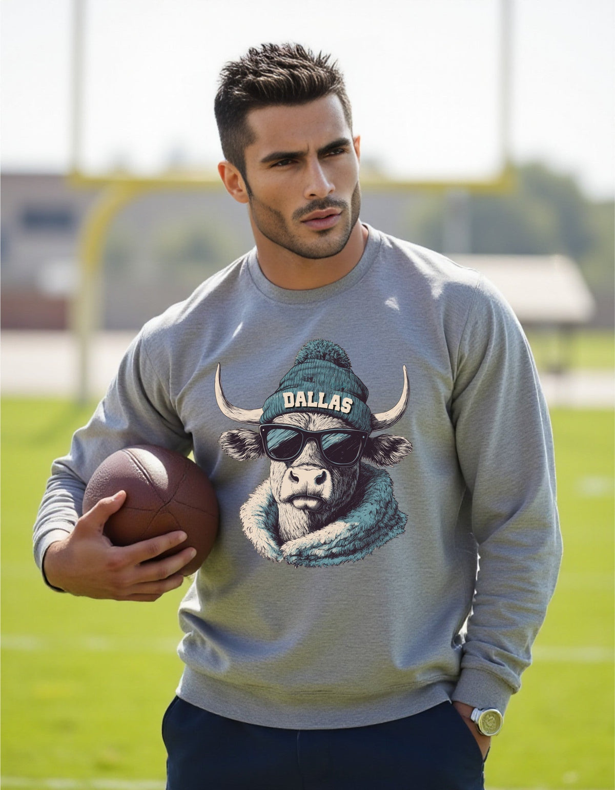 Dallas design 1 – Longhorn Spirit Animal crewneck sweatshirt modeled by a man holding a football