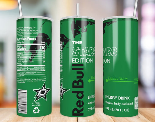 Dallas Stars Red Bull-inspired 20 oz skinny tumbler three-side product mockup