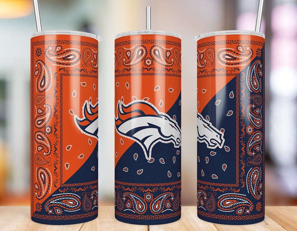 Denver Broncos Bandana Paisley 20 oz skinny tumbler three-view product photo