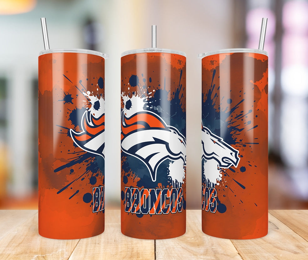 Denver Broncos Paint Splatter 20 oz skinny tumbler three-view product photo