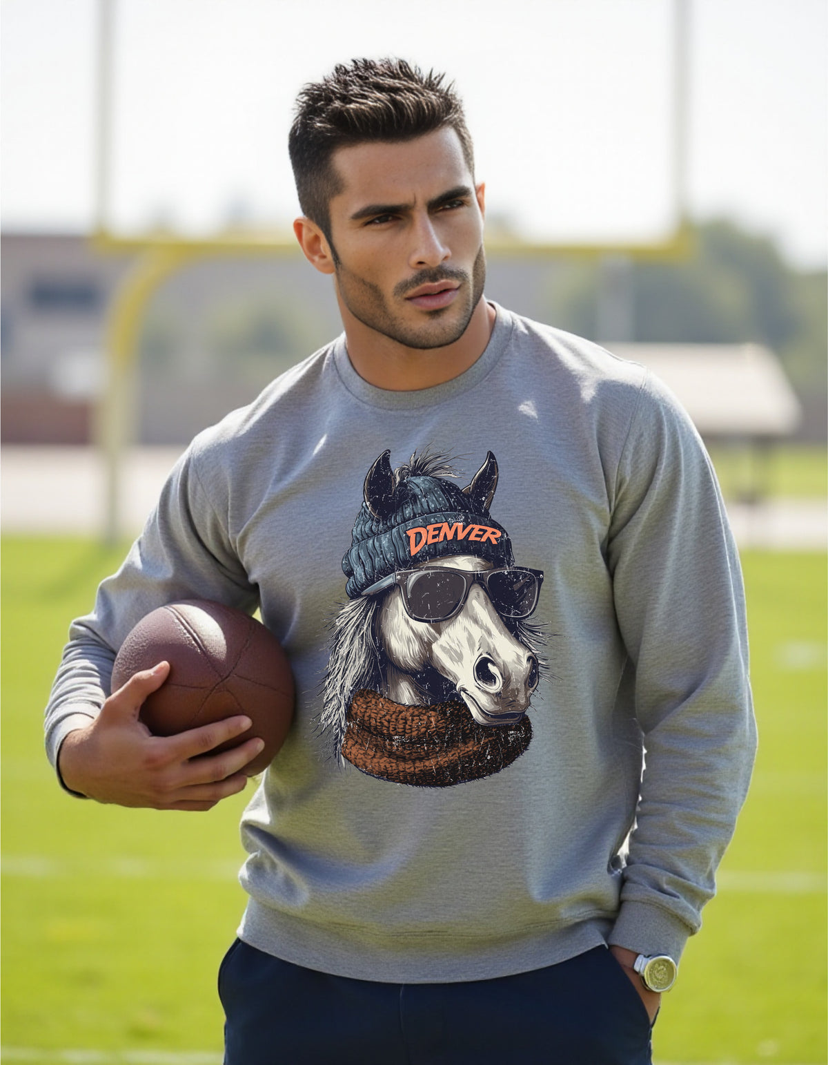 Denver Broncos Spirit Animal sweatshirt on male model with football