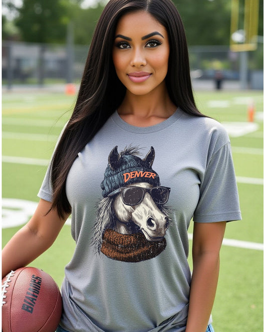 Denver Broncos Spirit Animal graphic T-shirt modeled by female fan