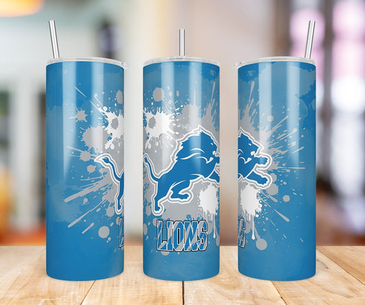 Detroit Lions Paint Splatter 20 oz skinny tumbler three-angle product photo
