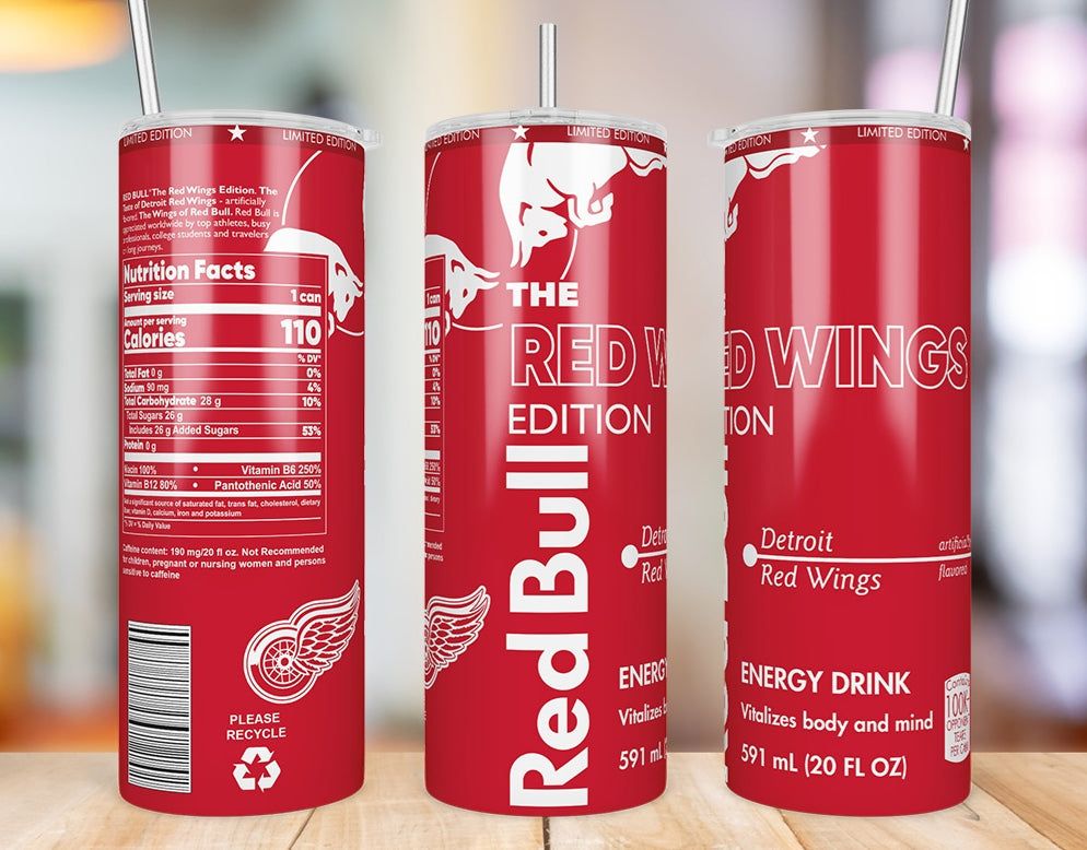 Detroit Red Wings inspired 20oz skinny tumbler shown from three angles