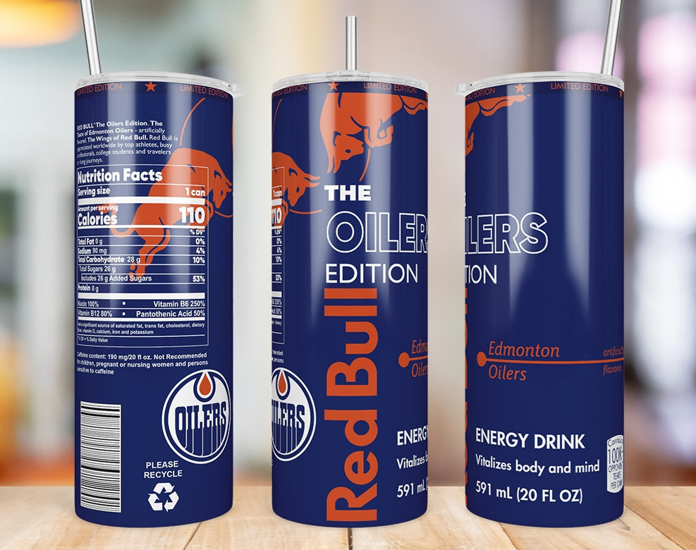 Edmonton Oilers inspired 20oz skinny tumbler shown from three angles