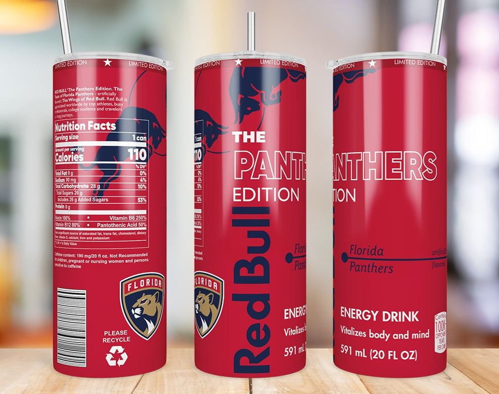 Florida Panthers inspired 20oz skinny tumbler shown from three angles