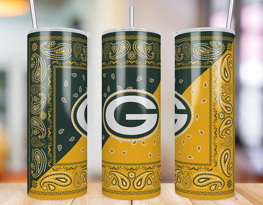 Green Bay Packers Bandana Paisley 20 oz skinny tumbler three-angle product photo