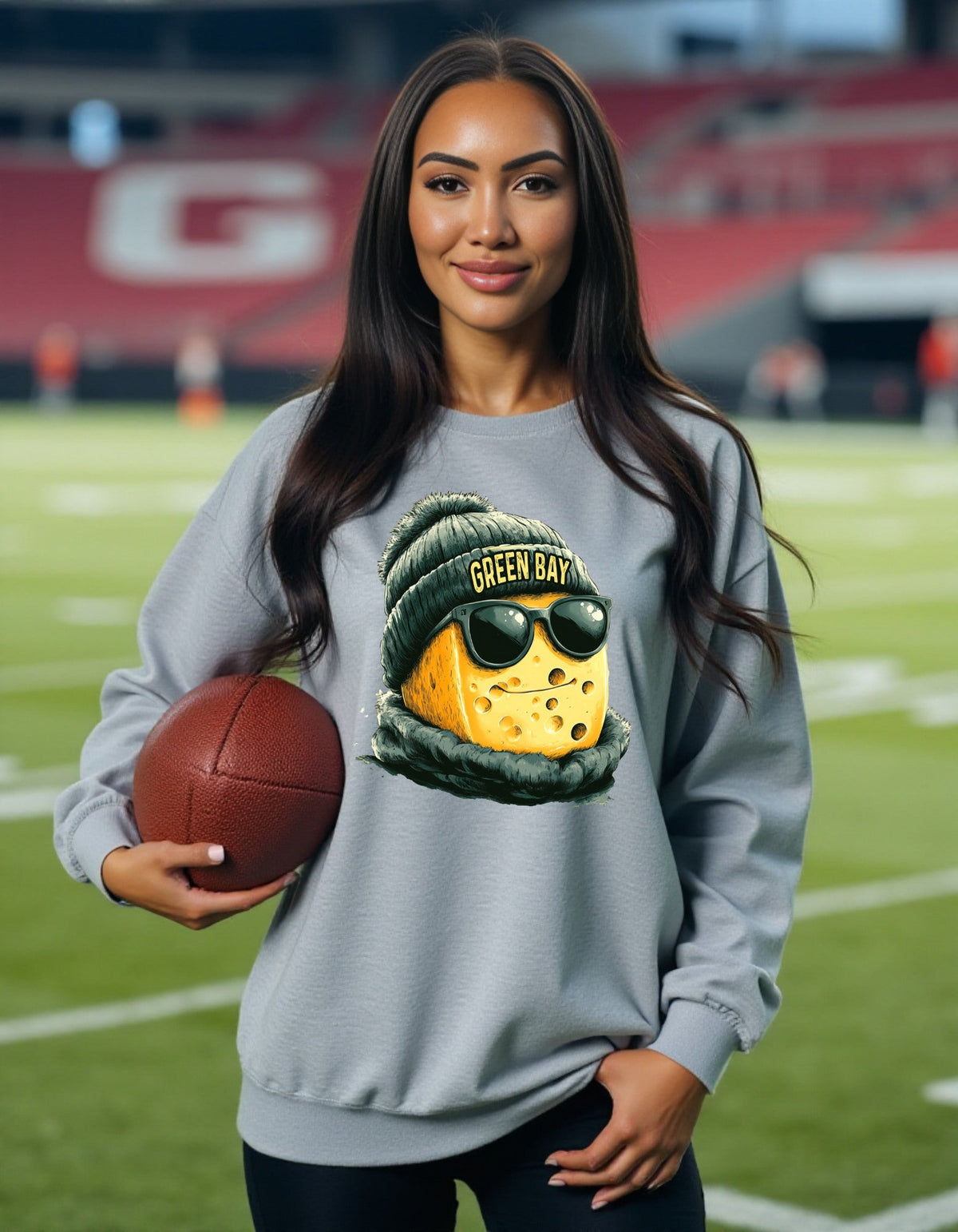 Green Bay Packers Spirit Animal sweatshirt, packers cheese artwork, modeled by woman holding a football
