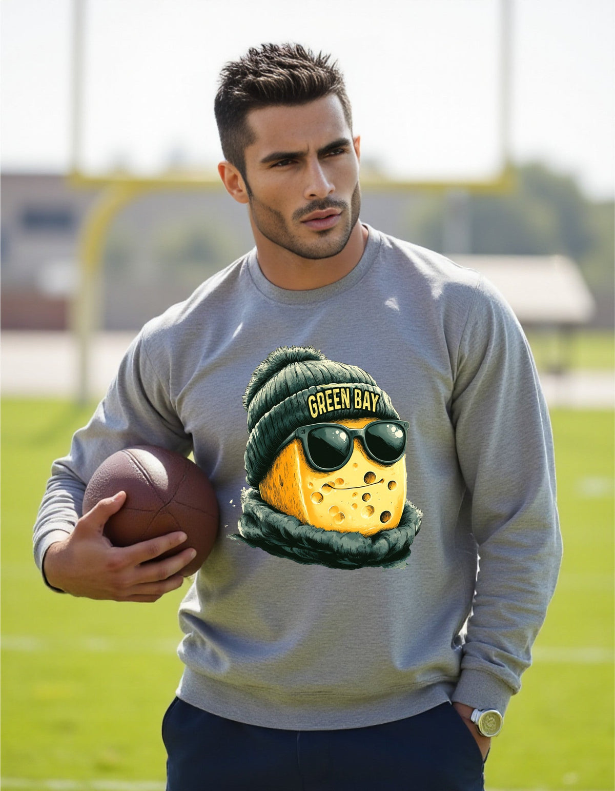 Green Bay Packers Spirit Animal sweatshirt, packers cheese artwork, modeled by man holding a football