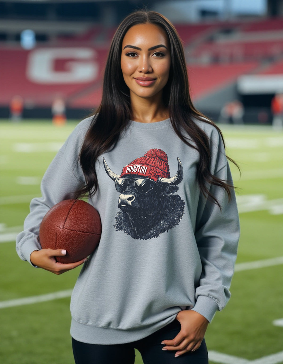 Houston Texans Spirit Animal sweatshirt on female model with football