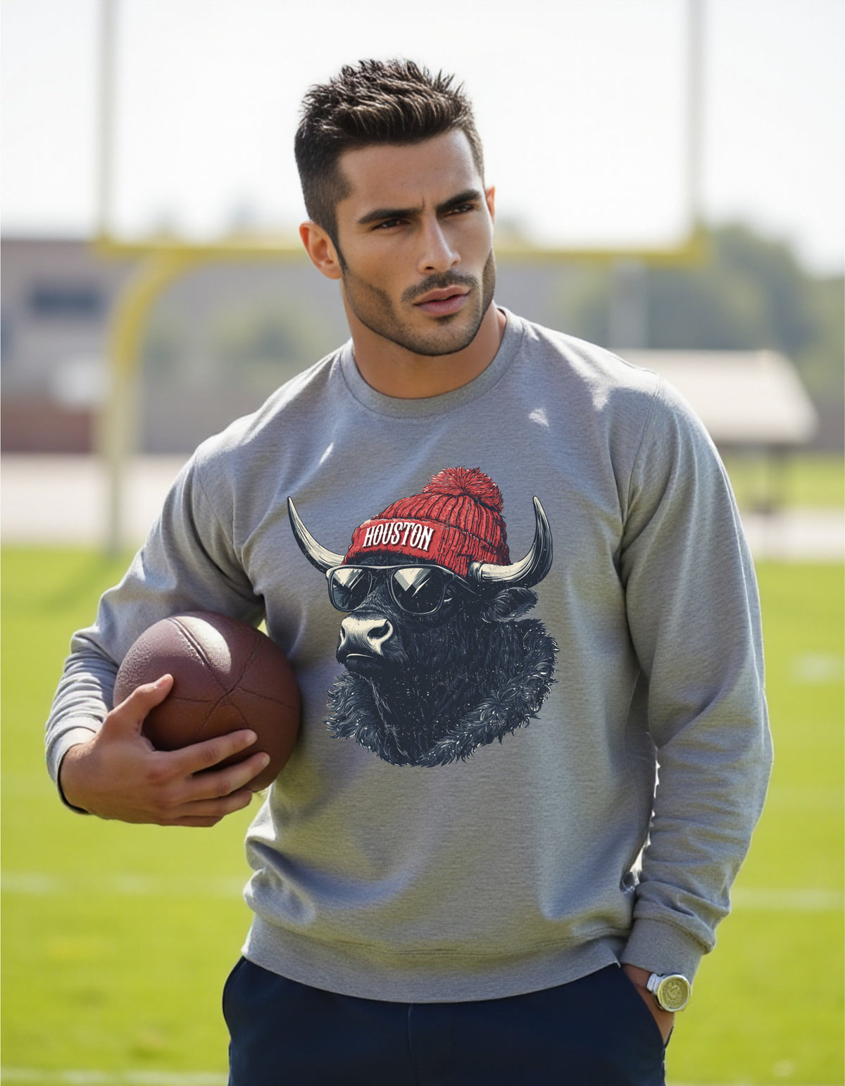 Houston Texans Spirit Animal sweatshirt on male model with football