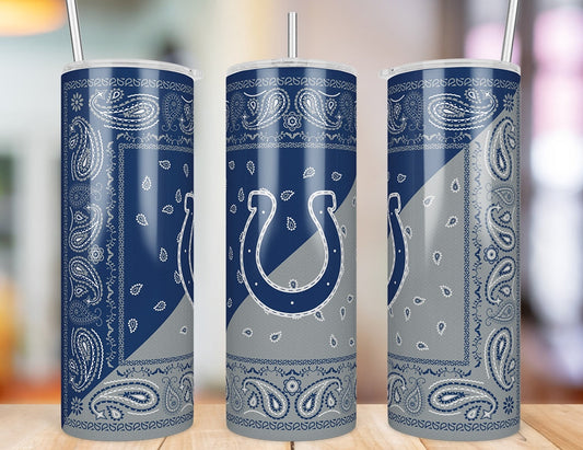 Indianapolis Colts Bandana Paisley 20 oz skinny tumbler three-angle product photo