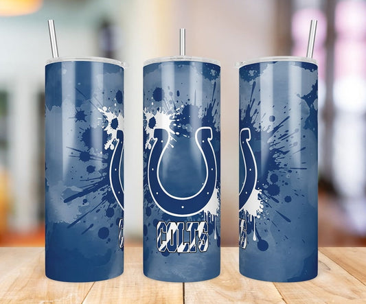 Indianapolis Colts Paint Splatter 20 oz skinny tumbler three-angle product photo