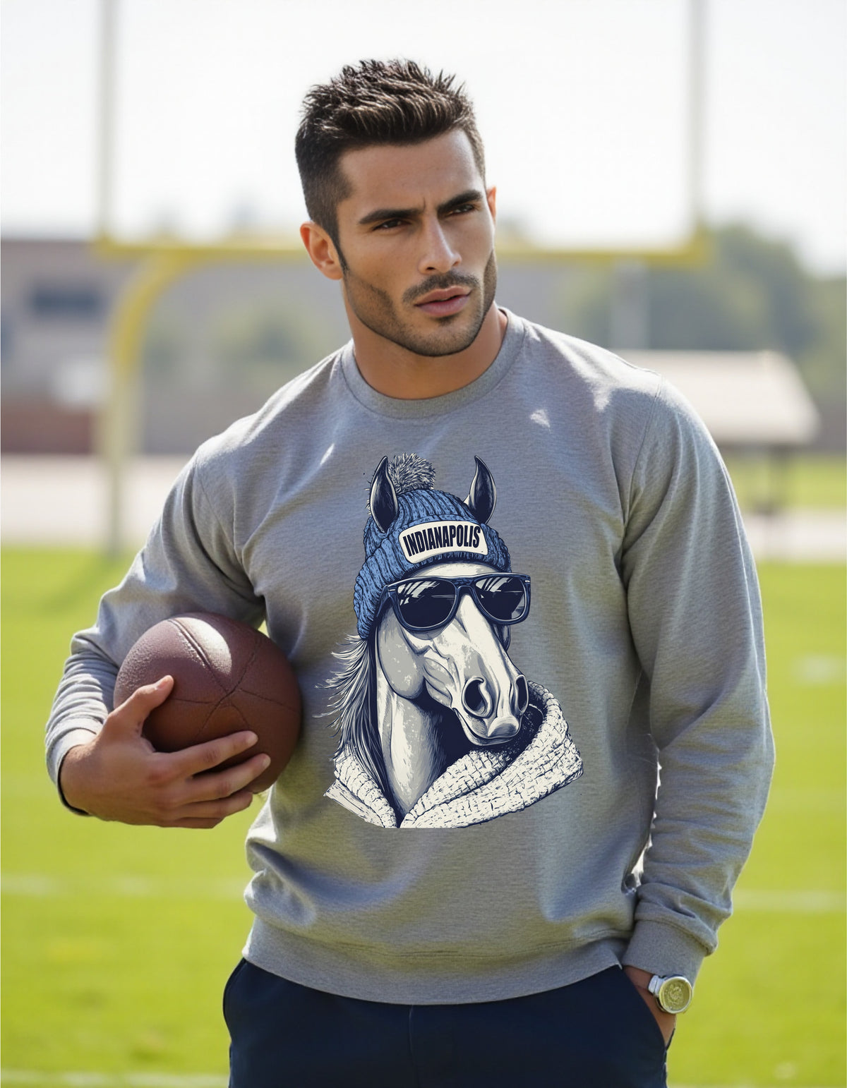 Indianapolis Colts Spirit Animal sweatshirt on male model with football