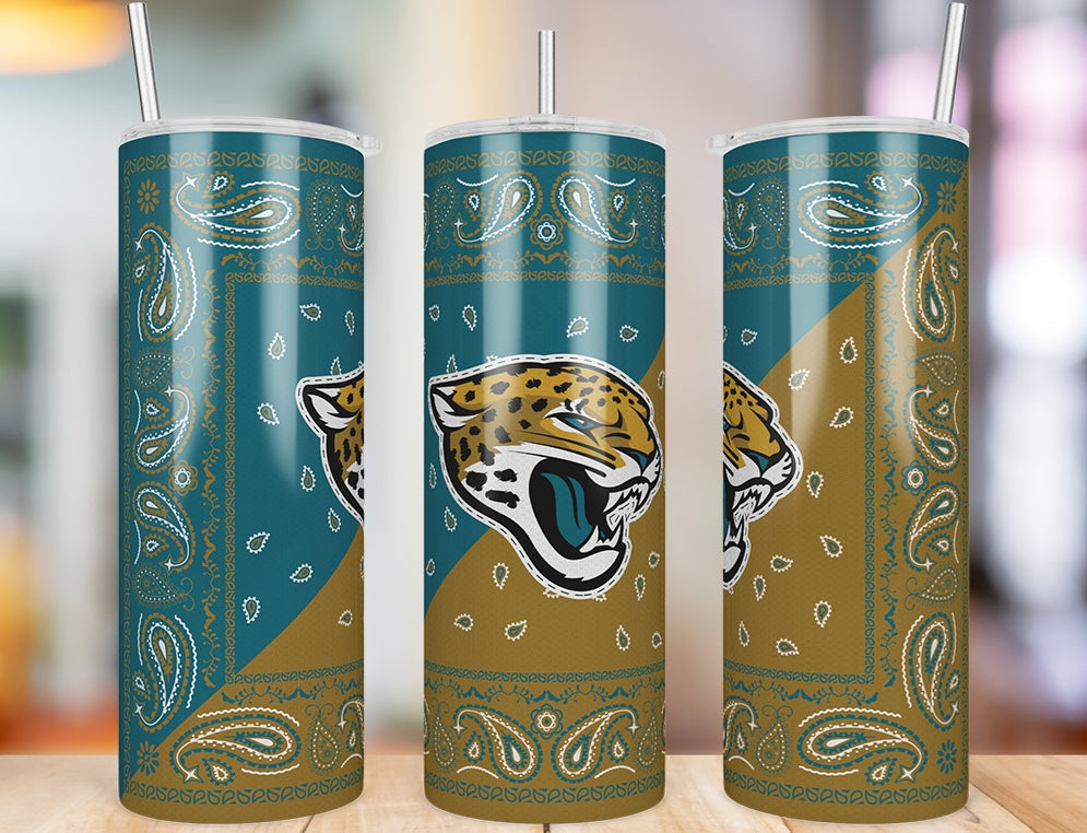 Jacksonville Jaguars Bandana Paisley 20 oz skinny tumbler three-angle product photo