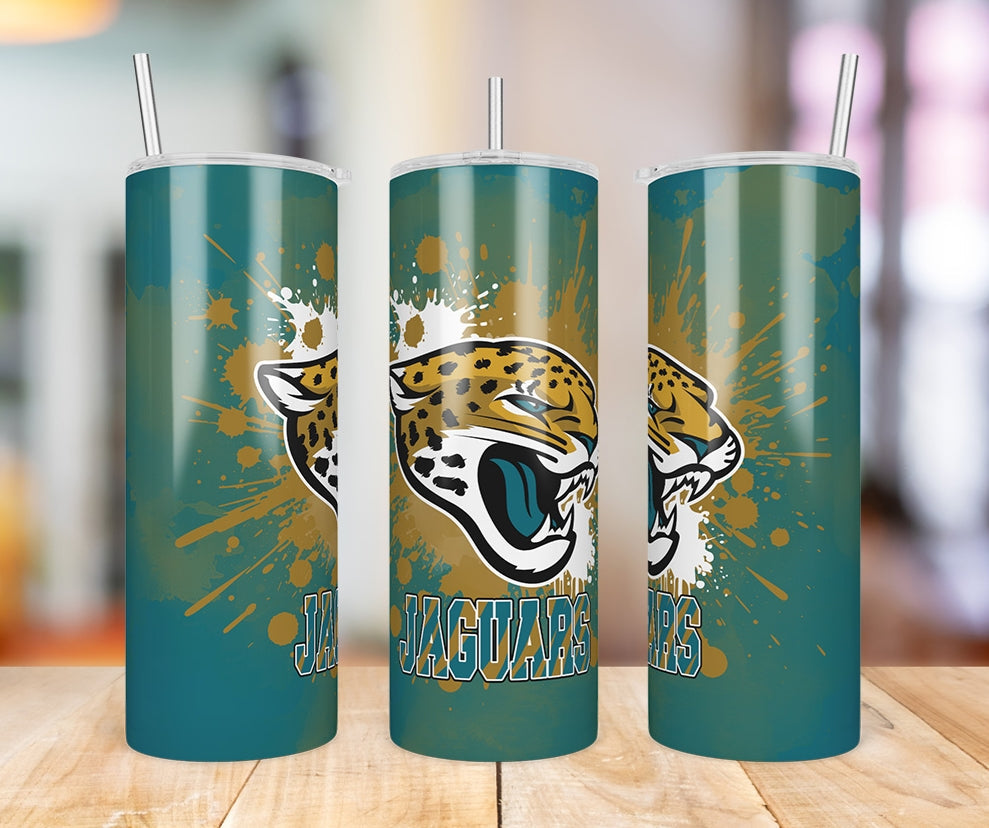 Jacksonville Jaguars Paint Splatter 20 oz skinny tumbler three-angle product photo