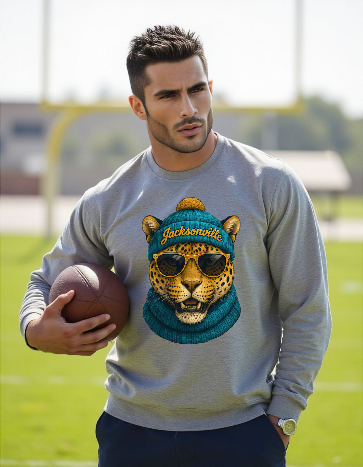 Jacksonville Jaguars Spirit Animal sweatshirt on male model with football