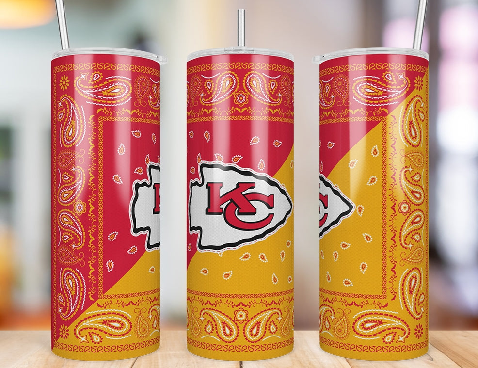 Kansas City Chiefs Bandana Paisley 20 oz skinny tumbler three-angle product photo