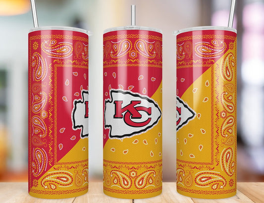 Kansas City Chiefs Bandana Paisley 20 oz skinny tumbler three-angle product photo