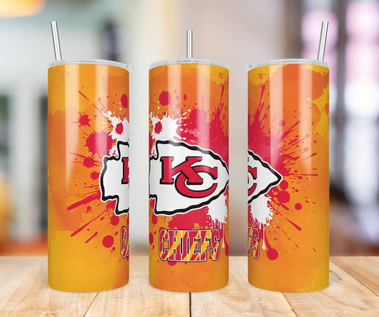 Kansas City Chiefs Paint Splatter 20 oz skinny tumbler three-angle product photo