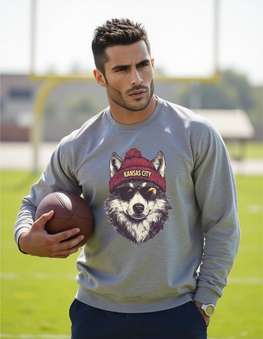 Kansas City Chiefs Spirit Animal sweatshirt on male model with football
