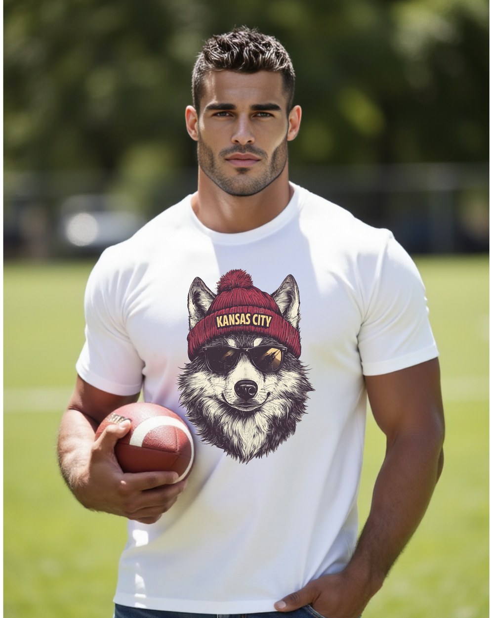 Kansas City Chiefs Spirit Animal T-shirt shown on male model with football