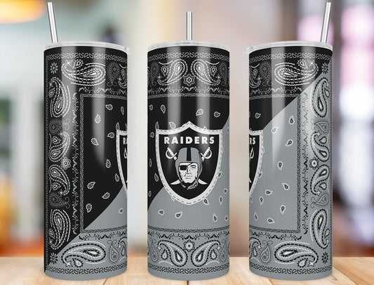 Las Vegas Raiders Bandana Paisley 20 oz skinny tumbler three-angle product photo