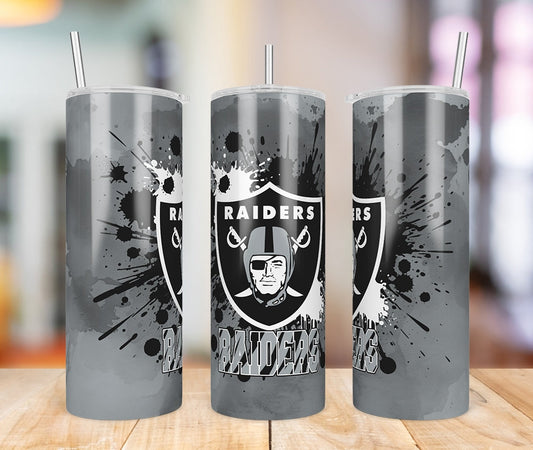 Las Vegas Raiders Paint Splatter 20 oz skinny tumbler three-angle product photo