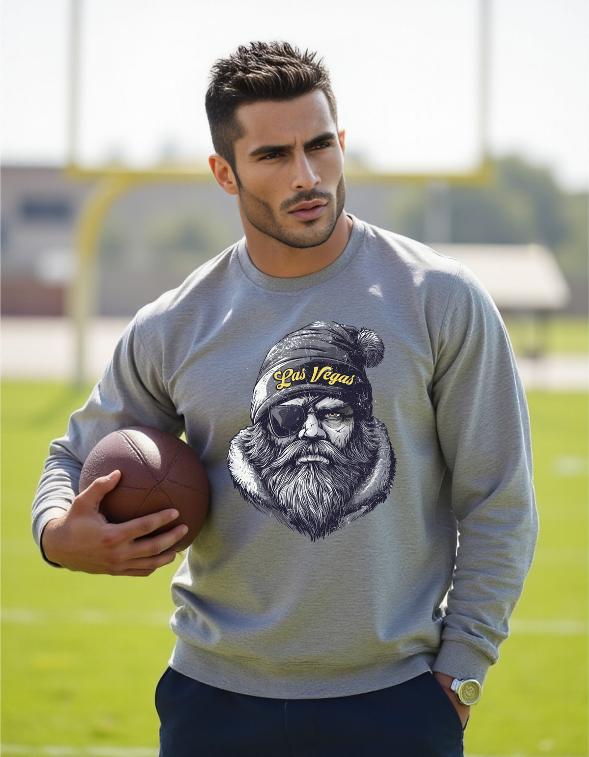Las Vegas Raiders Spirit Animal sweatshirt on male model with football
