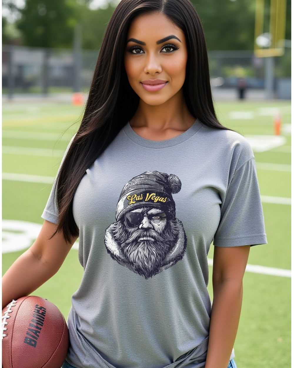 Las Vegas Raiders Spirit Animal T-shirt shown on female model with football