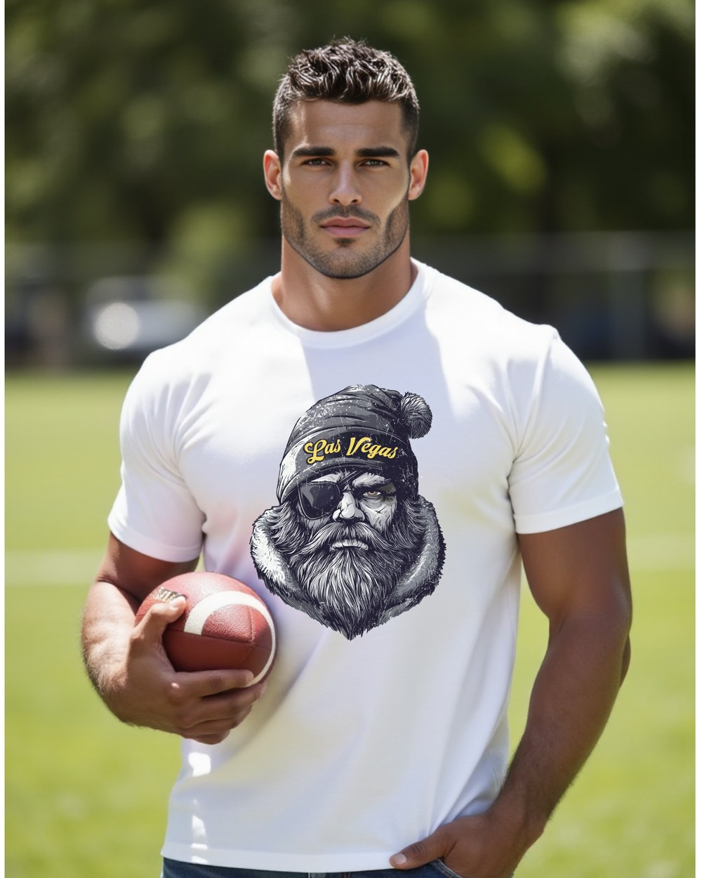 Las Vegas Raiders Spirit Animal T-shirt shown on male model with football