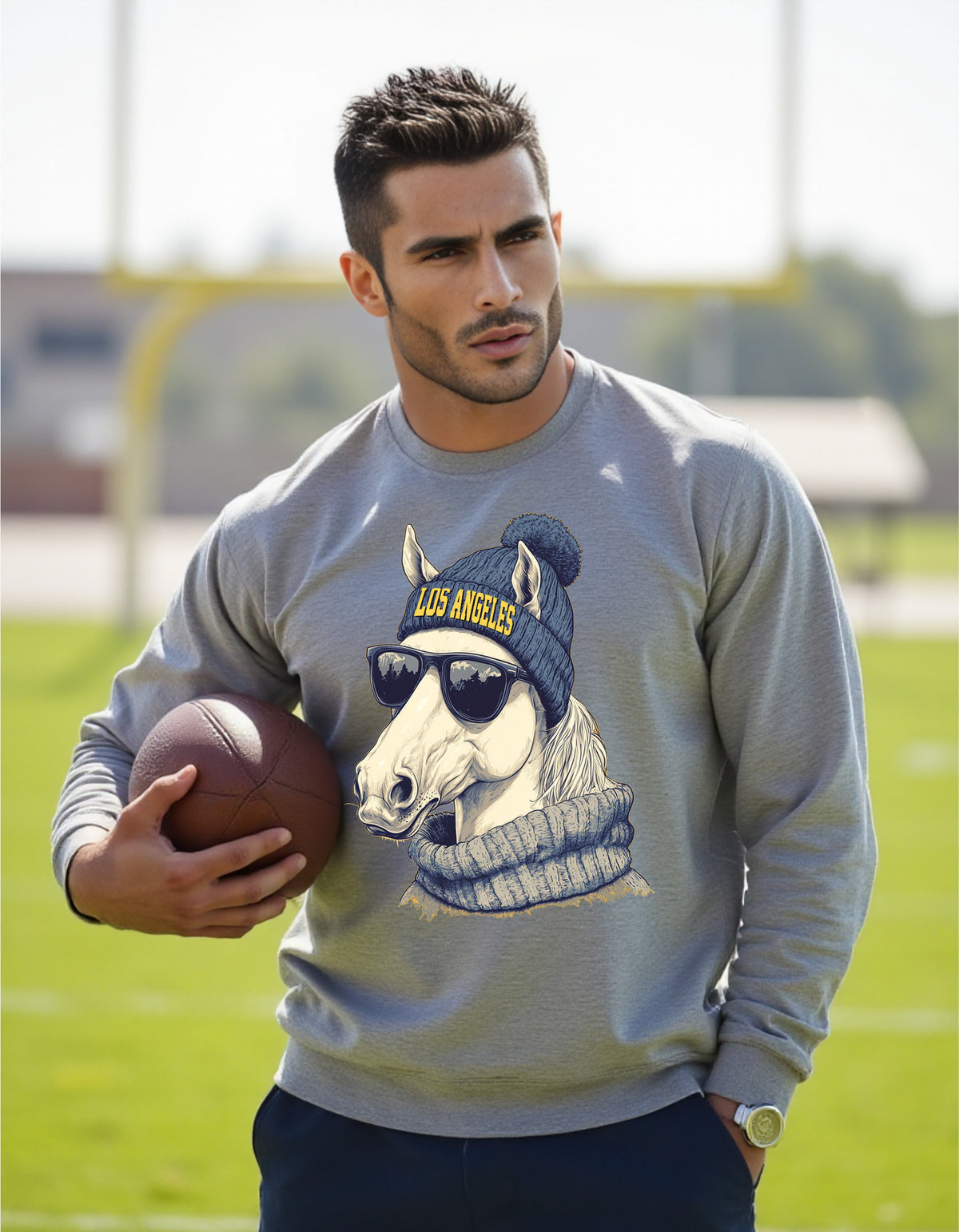 Los Angeles Chargers Spirit Animal sweatshirt on male model with football