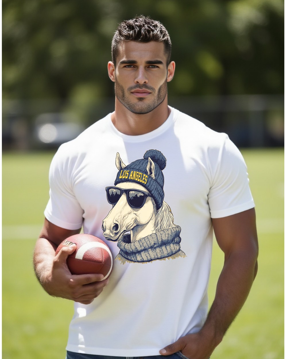 Los Angeles Chargers Spirit Animal T-shirt on male model holding a football