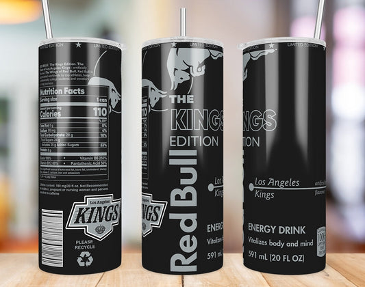 Los Angeles Kings Red Bull-inspired 20 oz skinny tumbler three-angle product mockup