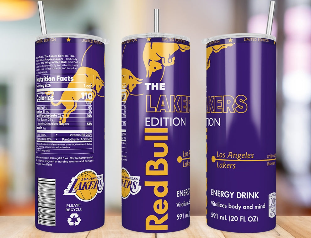 Los Angeles Lakers 20 oz skinny tumbler triple-view product mockup