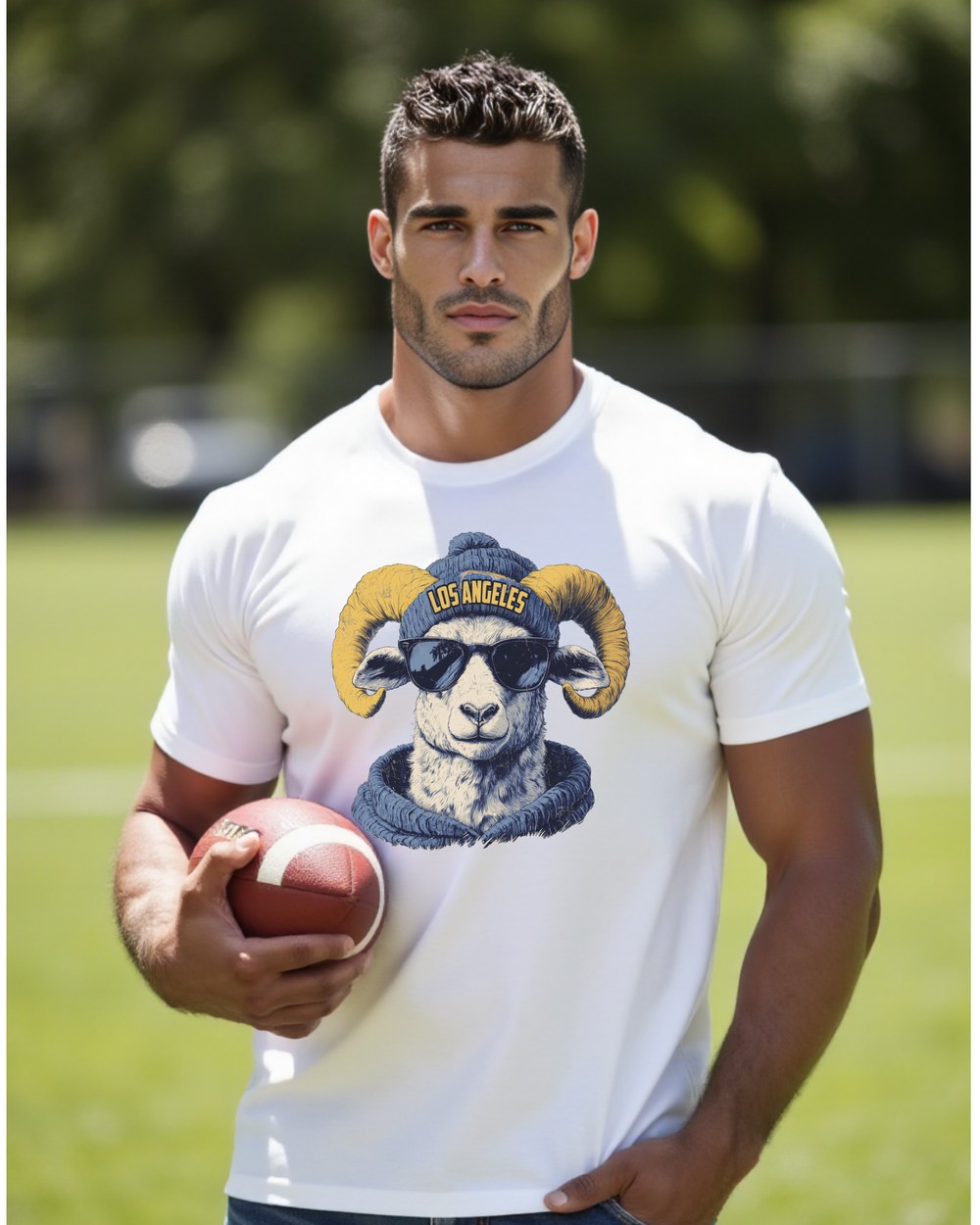 Los Angeles Rams Spirit Animal T-shirt shown on male model with football