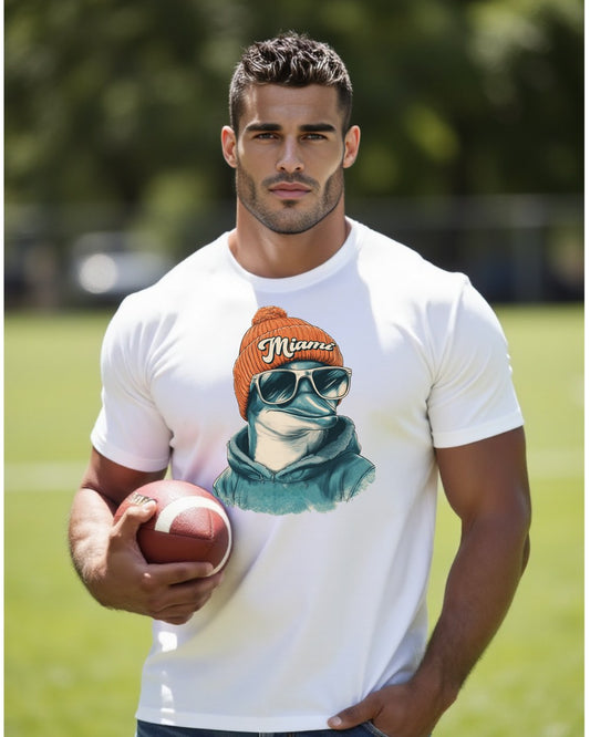 Miami Dolphins Spirit Animal T-shirt shown on male model with football