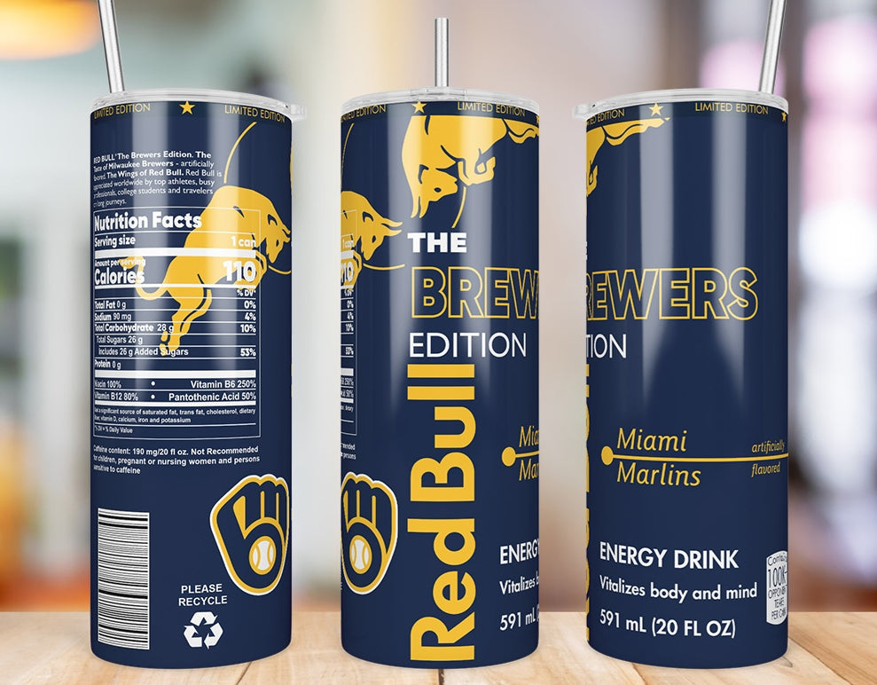 Milwaukee Brewers 20 oz skinny tumbler three-angle product mockup
