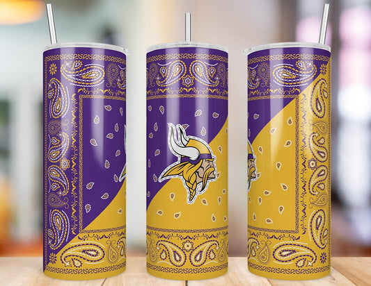 Minnesota Vikings Bandana Paisley 20 oz skinny tumbler three-angle product photo