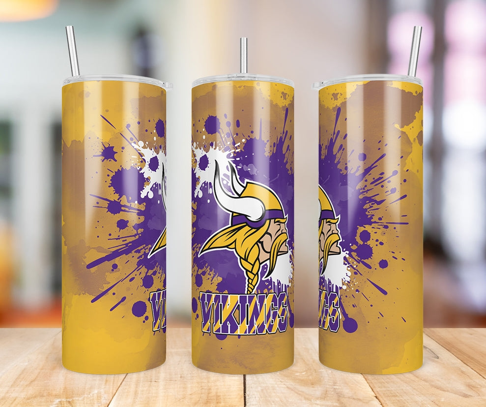 Minnesota Vikings Paint Splatter 20 oz skinny tumbler three-angle product photo