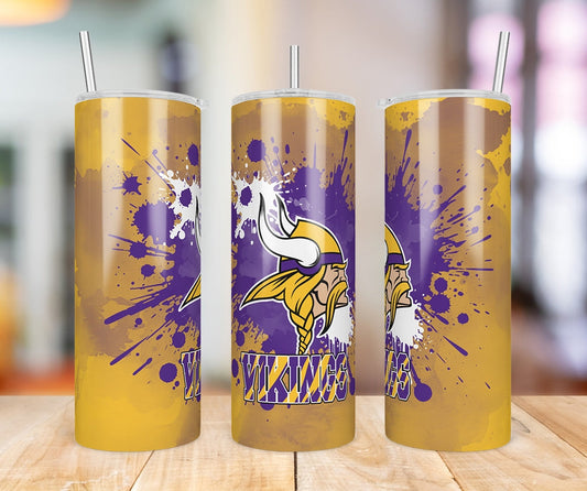 Minnesota Vikings Paint Splatter 20 oz skinny tumbler three-angle product photo