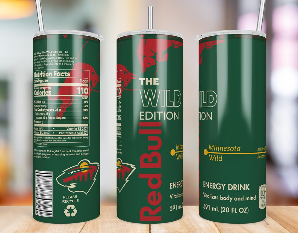 Minnesota Wild Red Bull-inspired 20 oz skinny tumbler three-side product mockup