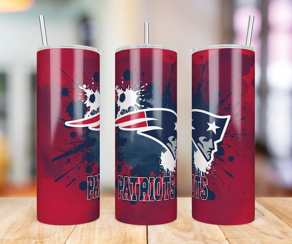 New England Patriots Paint Splatter 20 oz skinny tumbler three-angle product photo