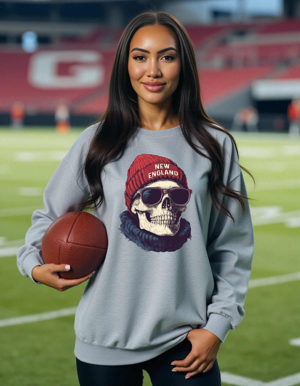 New England Patriots Spirit Animal sweatshirt on female model with football