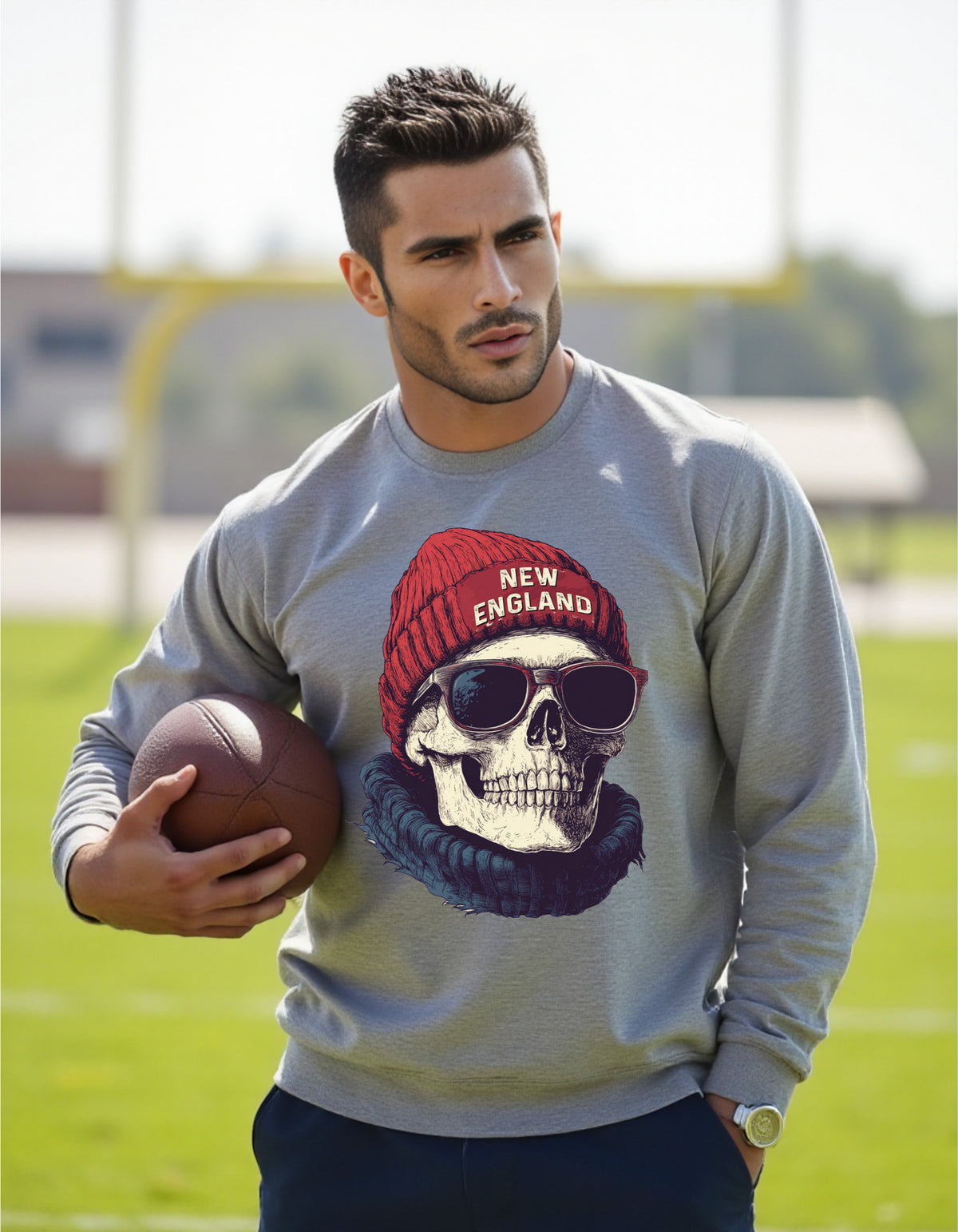 New England Patriots Spirit Animal sweatshirt on male model with football