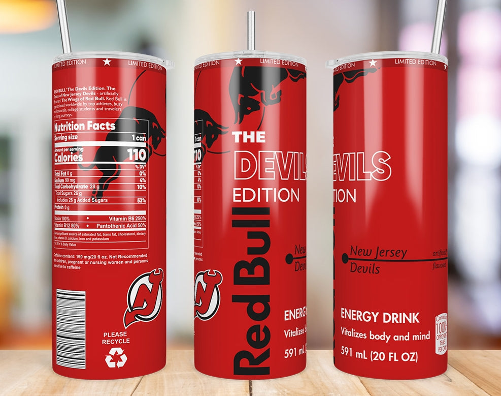 New Jersey Devils Red Bull-inspired 20 oz skinny tumbler three-angle product mockup
