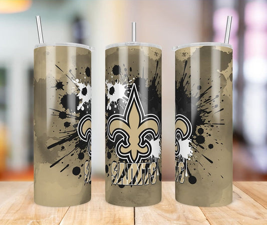 New Orleans Saints Paint Splatter 20 oz skinny tumbler three-angle product photo