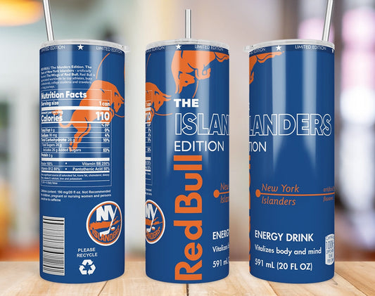 New York Islanders Red Bull-inspired 20 oz skinny tumbler three-angle product mockup